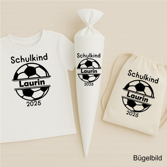 Bügelbild Schulkind 2025 mit Name & Fußball – Einschulung Jungen