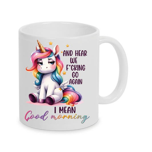 Freche Einhorn-Tasse mit lustigen Spruch Funny Good Morning auch mit Namen
