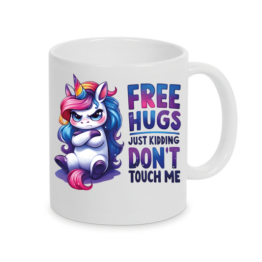 Freche Einhorn-Tasse mit lustigen Spruch Büro Funny Free Hugs auch mit Namen