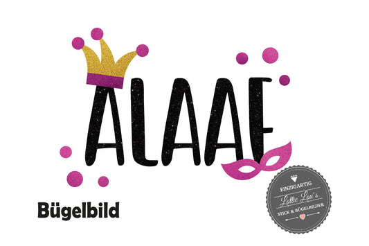 Alaaf Bügelbild Karneval mit Narrenkappe Maske in Flex Flock Glitzer Effekt